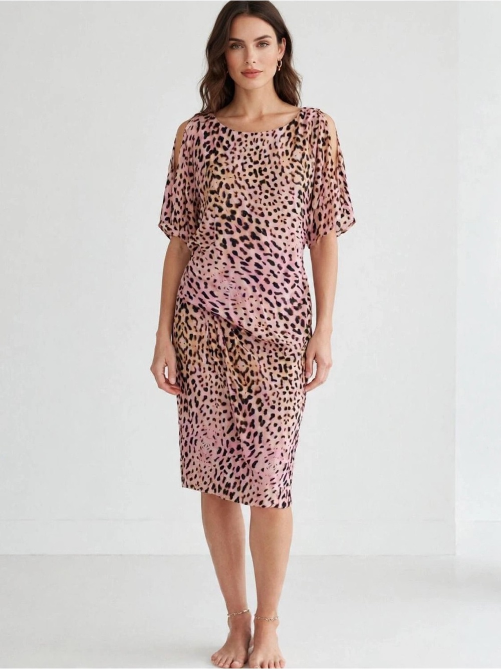 Graham & Spencer 100 % Silk Dress Knee Length Pink /Brown Made in USA